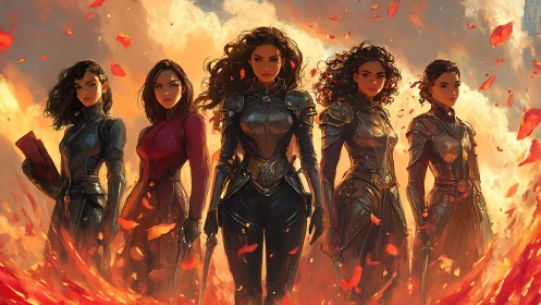 Five Fantasy Warrior Women in Armor Surrounded by Falling Leaves.