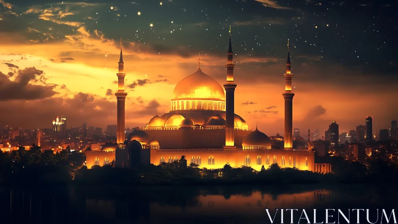 Skyline mosque ignites the twilight with celestial radiance.