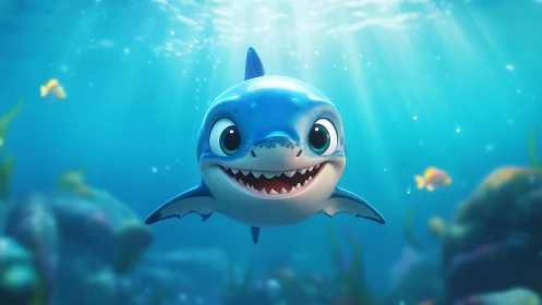 Smiling cartoon baby shark under sunlit shallow seawater