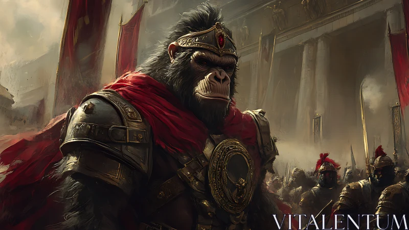 Gorilla warlord in ornate armor leads troops through city