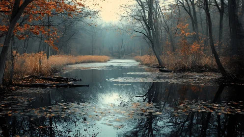 Foggy woodland river with bare trees and autumn reeds.