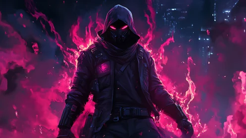 Neon cloaked cybernetic rogue amid magenta plasma flames