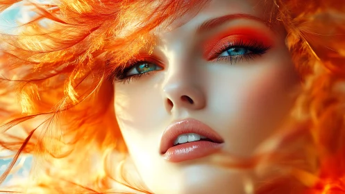 Digital portrait shows close-up face framed by vivid orange hair