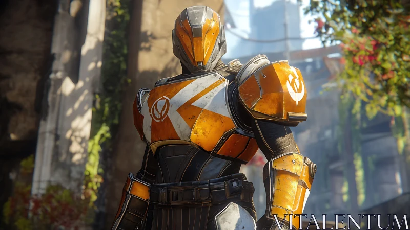 Bold sci fi guardian in worn orange armor stands ready.