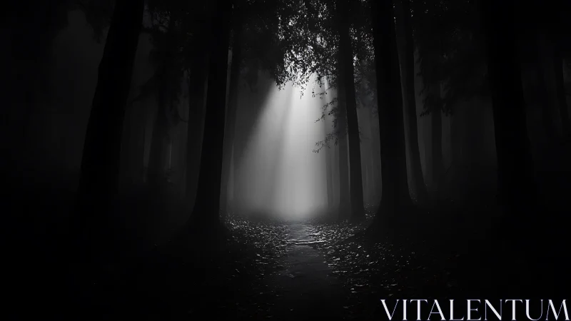 Forest pathway with directional light beam penetrating dense canopy structure