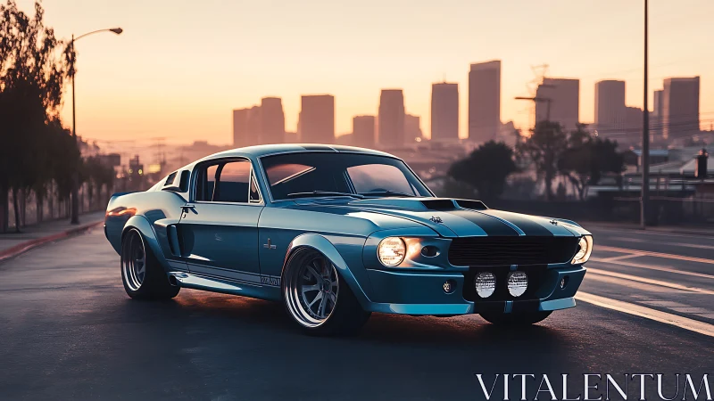 Classic teal muscle car glows against a hazy urban sunrise