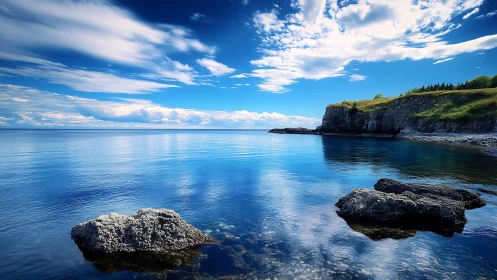 Rocky headland meets glassy blue sea under vivid sky.