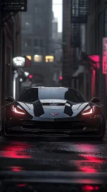 Sports car is parked in a wet urban alley at night