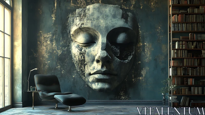 Eroded stone face mural anchors moody modern reading lounge