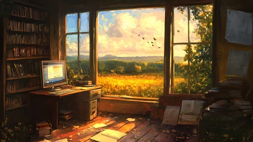Sunlit writing nook opening onto a golden country field.