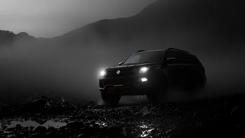 Off-road SUV cuts through nocturnal fog with dramatic lighting
