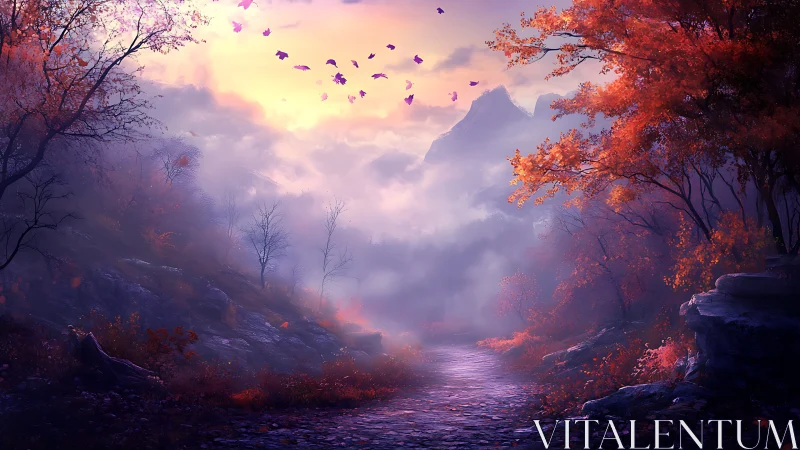 Mountain path cuts through misty valley under autumn foliage