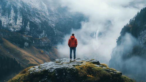 Hiker stands on misty cliff edge above foggy mountain valley