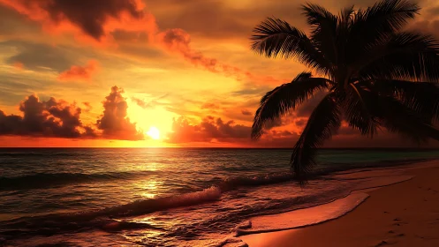 Tropical palm beach sunset glows over calm reflective sea