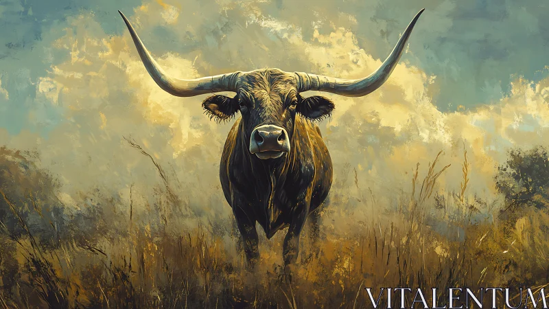 Majestic longhorn standing proud in glowing prairie light.