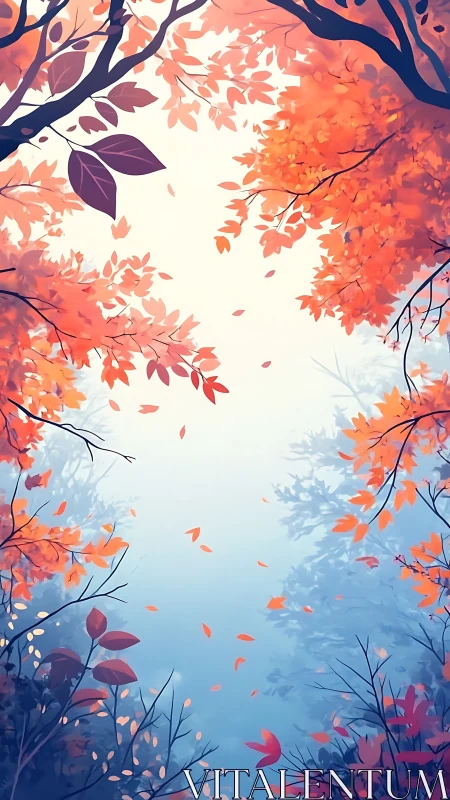 Autumn Canopy Looking Skyward with Falling Leaves.