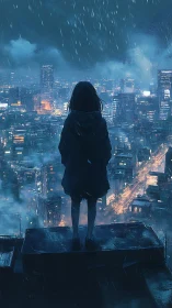 Rain-soaked rooftop silhouette above neon urban skyline at night.