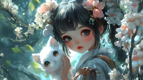 Gentle spring girl and white kitten in dreamy blossoms.
