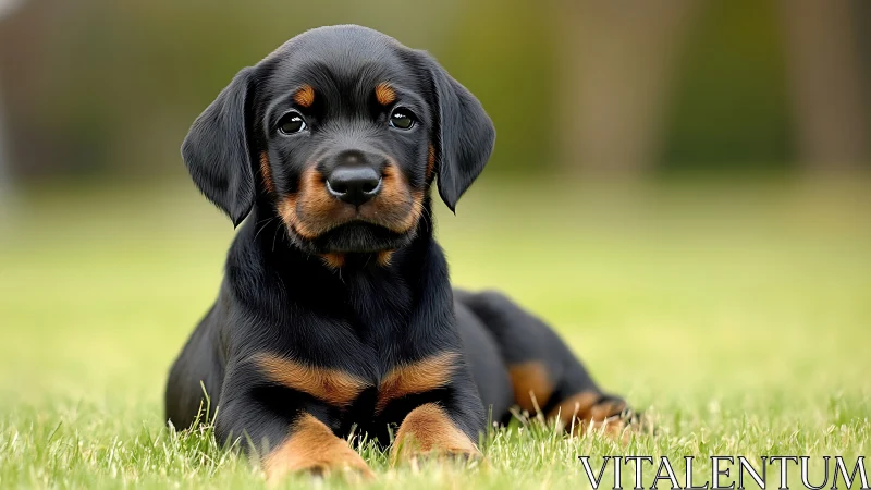 Black and tan puppy lies on grass in shallow depth of field.