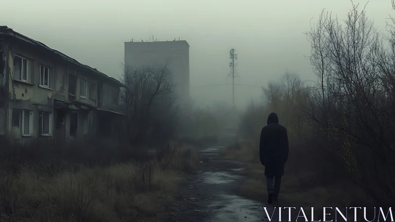 Solitary walk through a misty, abandoned neighborhood street.