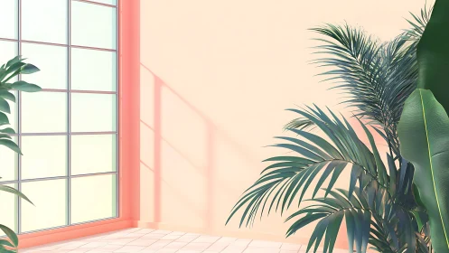 Sunlit corner oasis with gentle greens and soft coral walls.