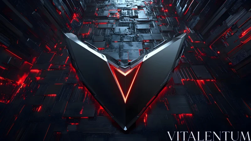 Futuristic metallic V emblem with glowing red accents, digital art.