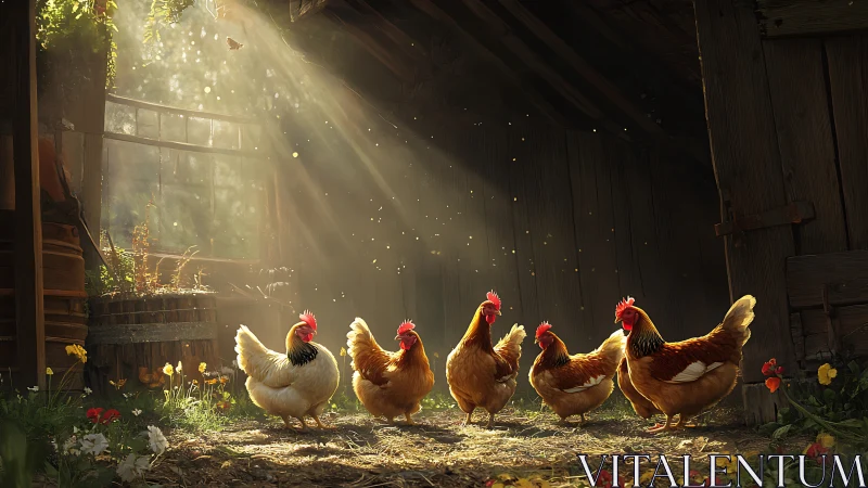 Five chickens stand in barn with golden sunlight rays streaming through wooden structure