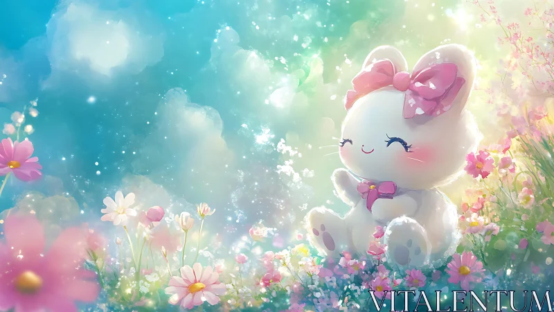 Blissful bunny daydream in a pastel flower meadow.