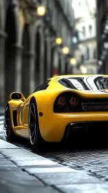 Yellow supercar idles along narrow European stone street