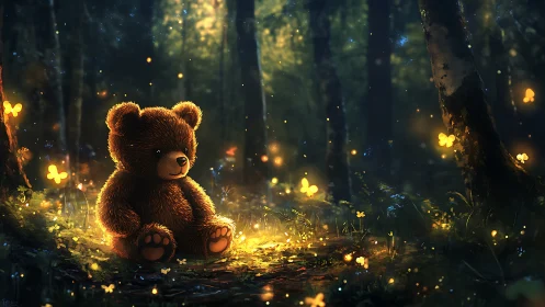 Gentle teddy bear basks in glowing forest firefly magic