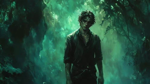 Brooding wanderer stands in emerald misted forest gloom.