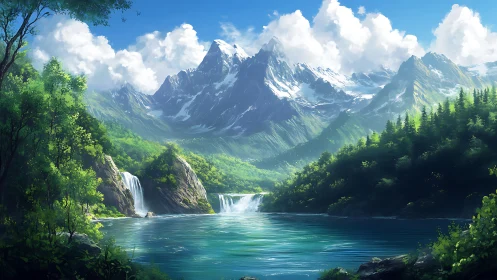 Mountain lake with waterfalls and coniferous forest landscape.
