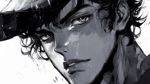 Brooding monochrome portrait of young man in profile.