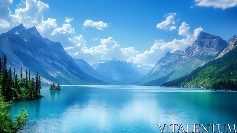 Serene turquoise lake rests gently between calm mountain walls