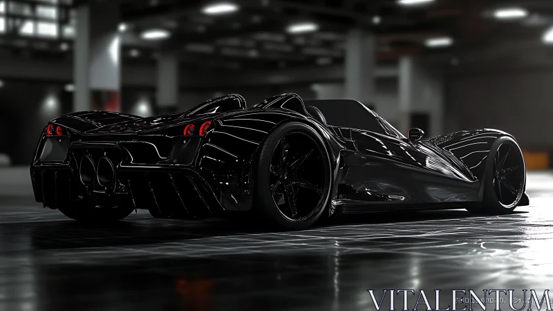 Midnight hypercar rendering in glossy underground garage.