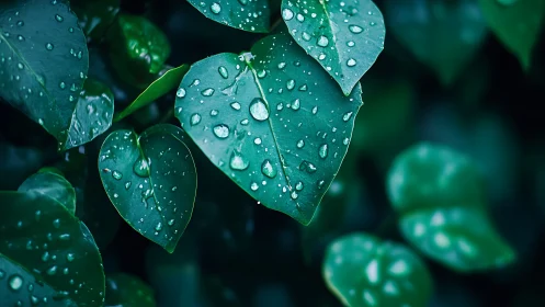 Rain-dotted green leaves capture crisp macro natural detail