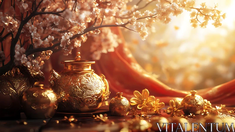 Golden ornamental teapots with blossoms in warm backlight.