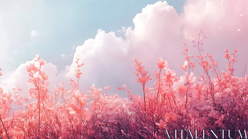 Dreamlike pink meadow under soft glowing cloudscape.