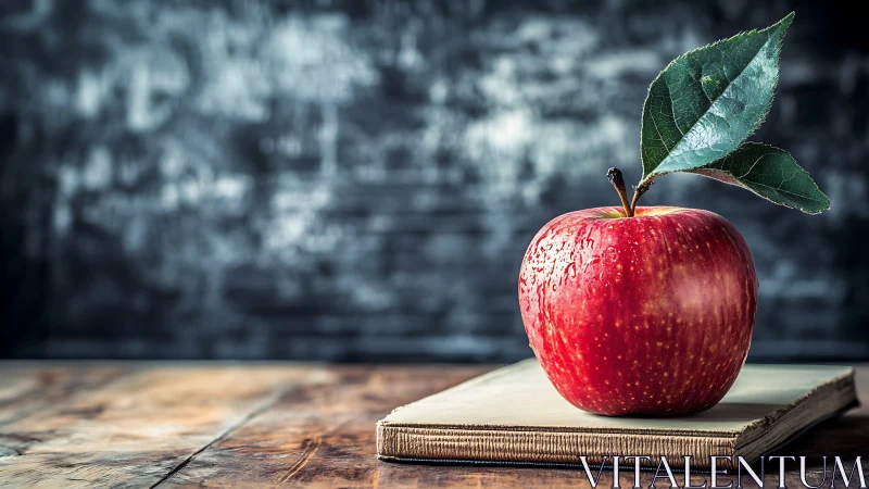 Red apple rests on vintage book before blurred chalkboard.