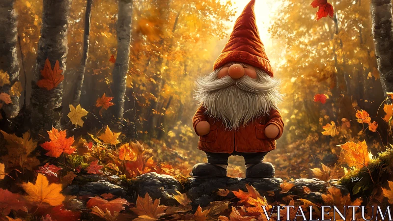 Autumn gnome stands proud beneath a swirling golden leafstorm.