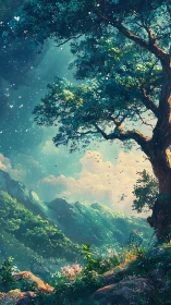 Sunlit mountain valley beneath a watching elder tree.