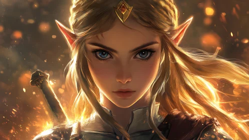 Elven warrior portrait under embers and golden light.