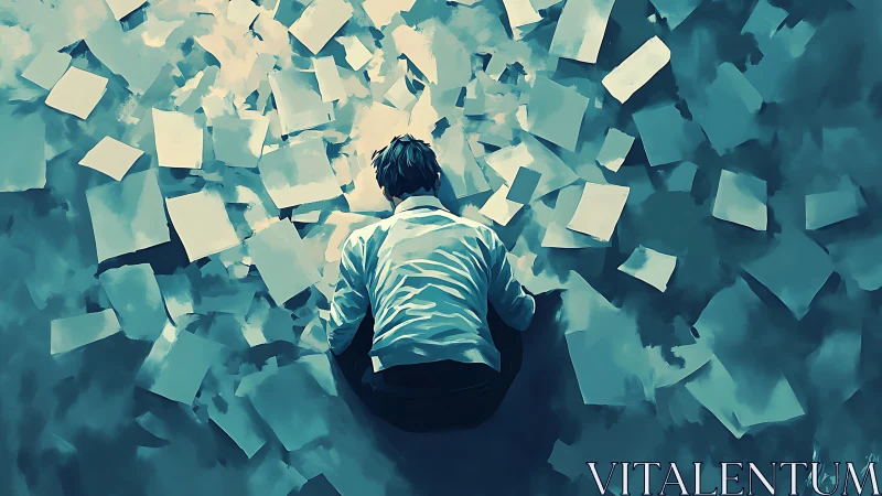 Overwhelmed dreamer resting in a storm of scattered pages.