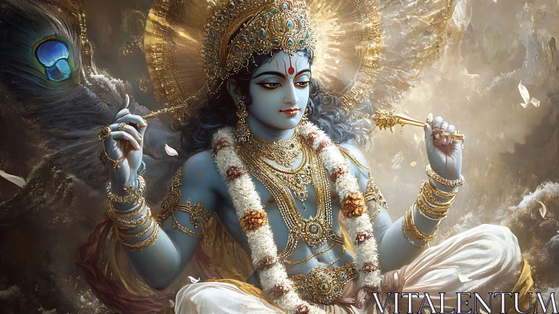 Divine blue deity adorned with gold, flowers, and haloed light.