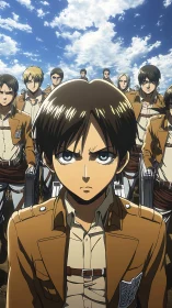 Resolute cadet squad under dynamic cloud-swept sky.