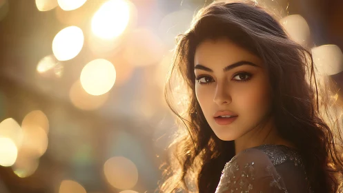 Backlit female portrait with shallow depth, warm bokeh highlights