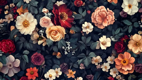 Moody Floral Tapestry with Roses and Seasonal Blooms.