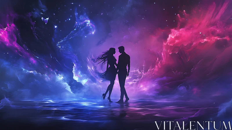 Two silhouetted figures in neon-illuminated environment