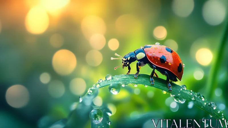 Ladybird tightrope walks a dewy leaf at sunrise glow
