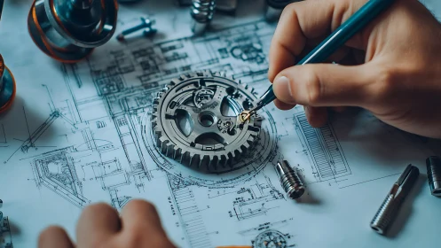 Precision gear design overlaid on technical blueprints.